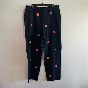 Vintage Lily Stanhope 100% Linen Black Embroidered Pull On Flower Pants
